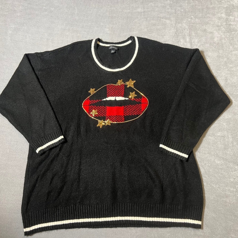 Torrid Black Buffalo Plaid Lips Sequin Star Sweater Plus Size 3 3X‎ Holiday Knit